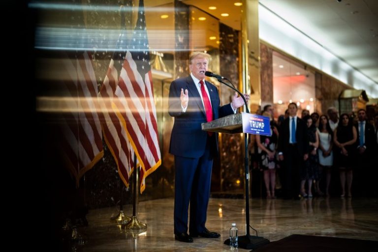 From Trump Tower lobby, a gusher of falsehoods about the trial